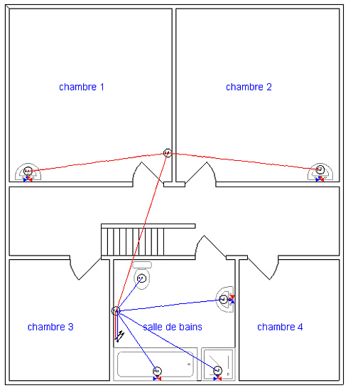 Voorbeeld plan verdieping met leidingen met verdelers 